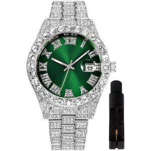 Mens XL Face Silver Green Iced-Out Bling Diamond Luxury Quartz Watch with Date